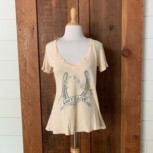 WILDFOX Lucky In Love V-Neck T-Shirt Beige Size M